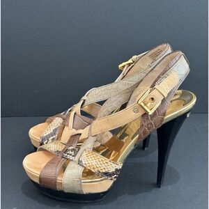 Michael Kors Niki Women’s Tan/Brown Snakeskin Leather Heel Sandals -6.5